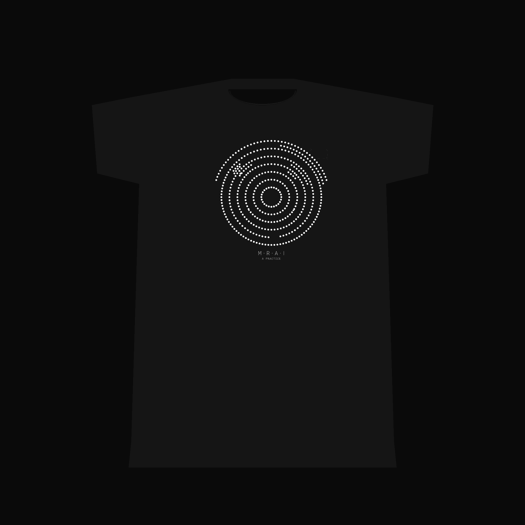 The MrAI shirt — white particle field of six concentric rings on a black tee