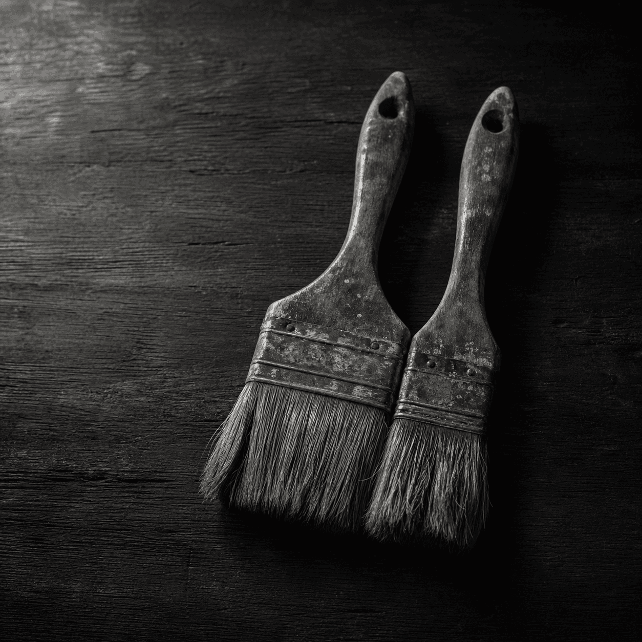 Two old well-used paintbrushes lying side by side on dark wood, bristles touching, in soft monochrome light.