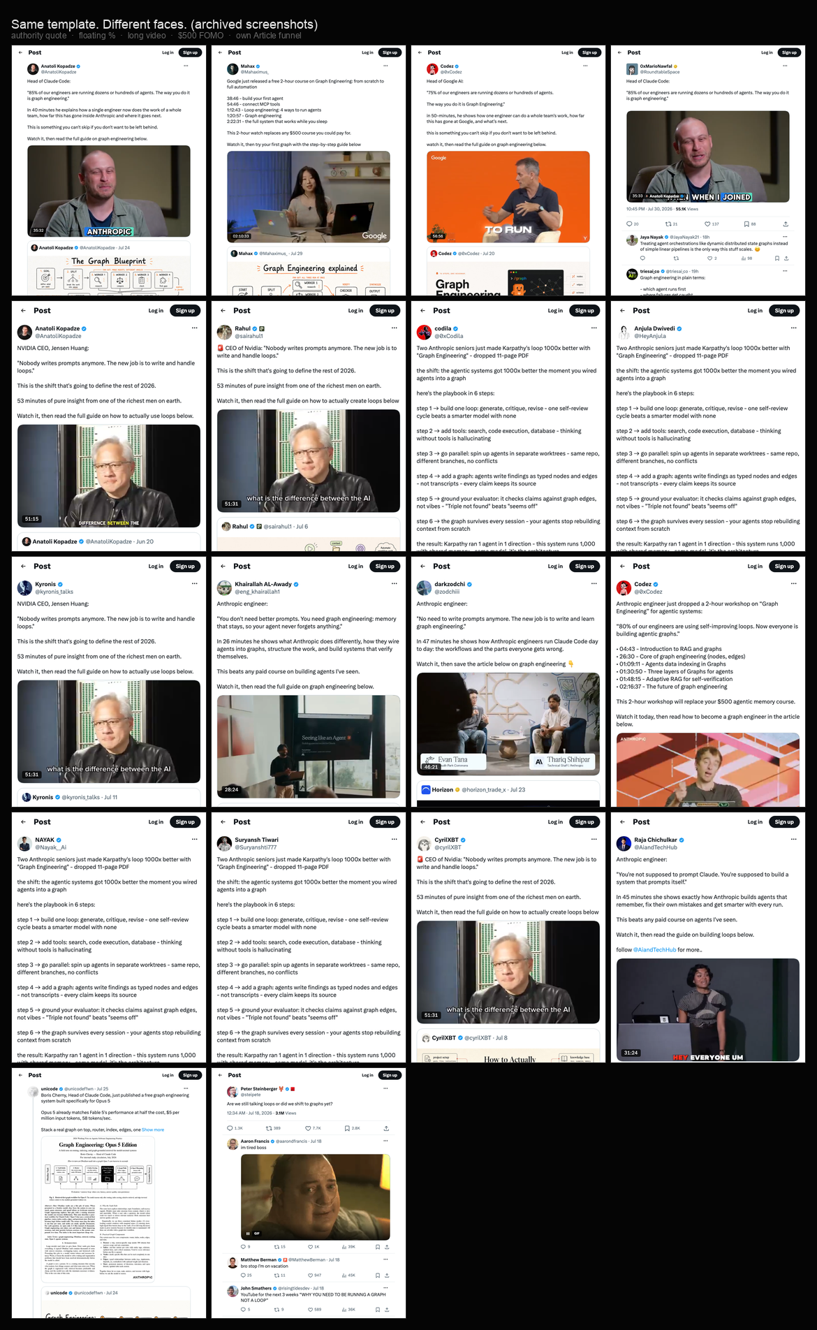 Collage of eighteen near-identical farm posts from different accounts using the same template
