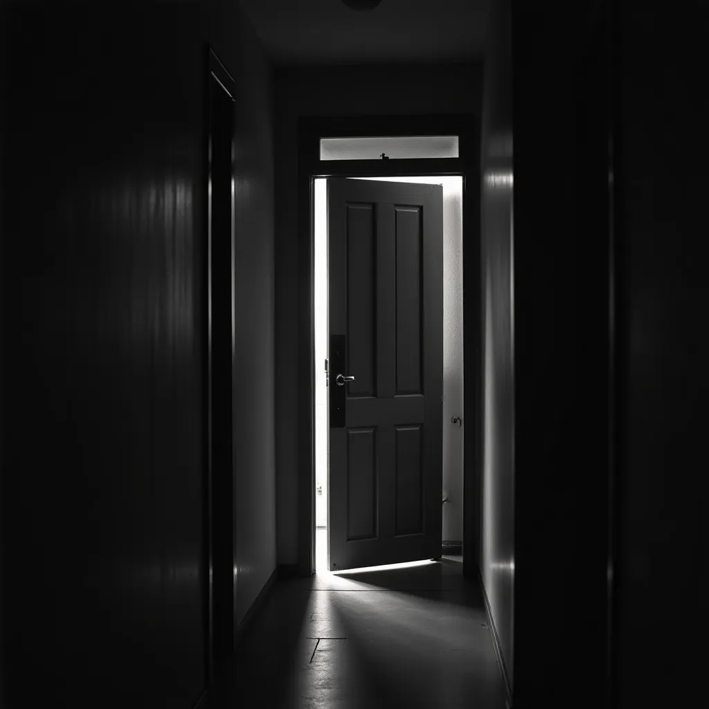 A single wooden door, slightly ajar, in a dim narrow hallway; soft natural light spills through the opening into the dark corridor on the near side; no people, no furniture; monochrome film photograph